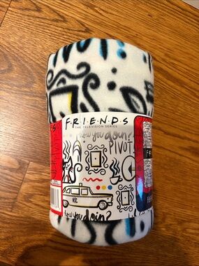 FRIENDS Fleece Blanket with Black, White, Blue and Yellow Doodle Print